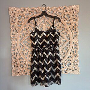 Gracie Black Silver Sequin Chevron Herringbone Blouson Mini Sleeveless Dress L